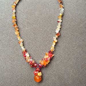 Natural Stone Carnelian Agate, Quartz & AB Glass Beaded Pendant Necklace